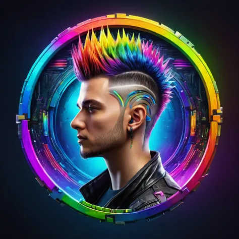 masterpiece, very realistic, very detailed, create a 3D round logo with a cyberpunk feel with bright and striking rainbow colors, very realistic, there is a man with short, spiky hair in the logo facing the camera, very realistic. Very detailed definition....