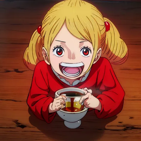 1 female, as a child, red long sleeve dress, blonde long hair, rosa cheeks, younger body, doll store, tea, drinking, happy face, open mouth