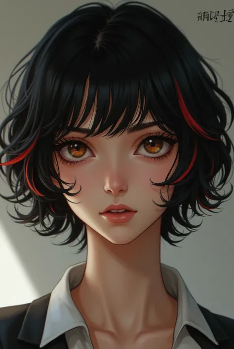 A woman with short hair, bangss , and wavy, hair with black color and a little red, Brown eyes, white, Traces of One Piece 