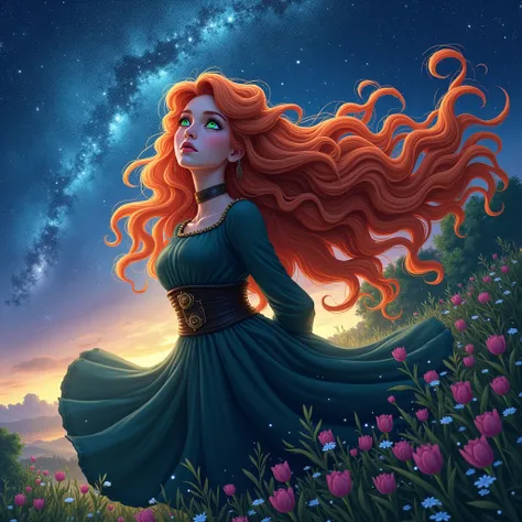 I want the main focus to be the starry sky showing lots of stars, galaxies, a blue sky with purple, and I want a redhead with curly hair right in the corner of the image/wavy with light green eyes looking up at the sky 