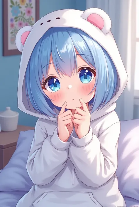 One girl, blue eyes, Light blue bob hair,Gradient colored eyes, Character design drawings, accessories, Cute fluffy girl morning wake-up anime style beautiful girl moe ephemeral bear ears baggy hoodie。The color of the eyes is slightly large and droopy.
