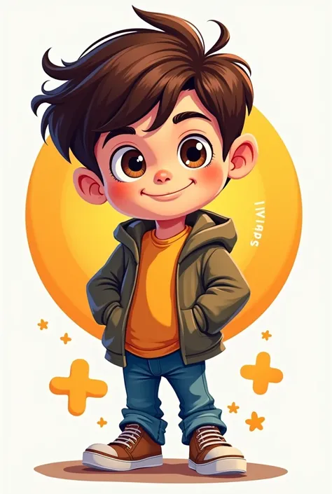 (Design a cartoon-style logo featuring a 2 boy. The boy should have a youthful, energetic vibe with medium-length, slightly messy hair, wearing a casual outfit like a hoodie and jeans. His facial expression should be confident and friendly, with large, exp...