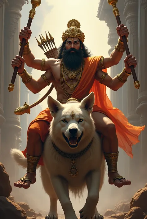 Indian aggressive male God who has beard and moustache and wear Indian golden crown on head, who is sitting on a dog and who has four hand one hand bow and arrows and sward and jevlin and one hand gave blessings 