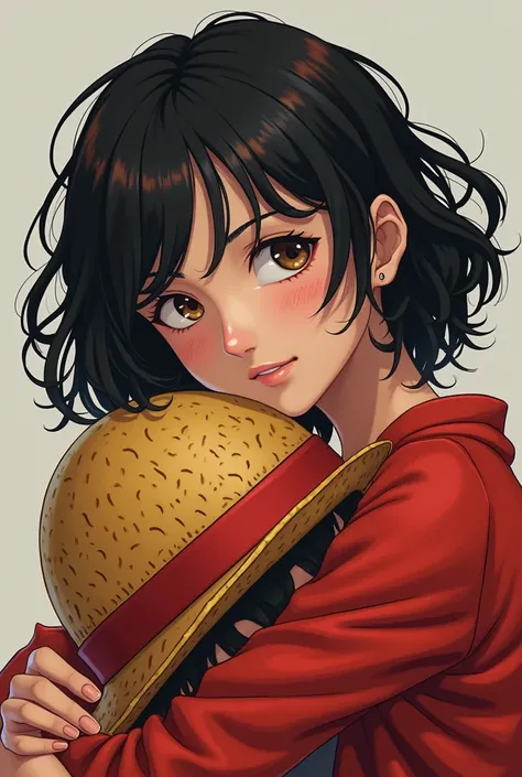 A woman with short hair, bangss , and wavy, hair with black color and a little red, Brown eyes, white, Traces of One Piece, hugging luffy 