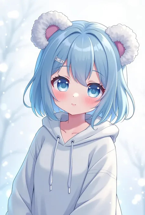 One girl, blue eyes, Light blue bob hair,Gradient colored eyes, Character design drawings, accessories, Cute fluffy girl anime style beautiful girl moe delicate touch ephemeral transparent bear ears baggy hoodie。The color of the eyes is slightly larger, dr...