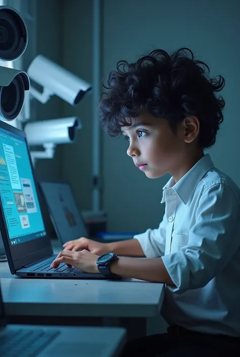 A Indian boy 1 with curly hair and cctv tactician with laptop near cctv cameras installation on face 