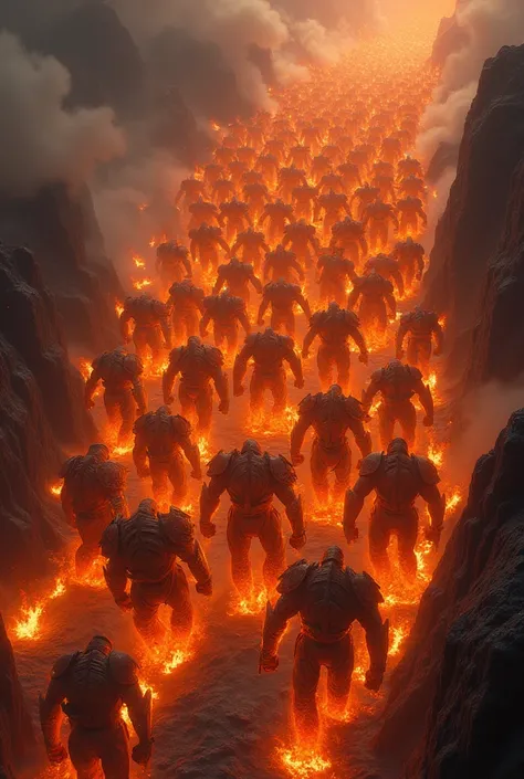 Generate me an image of a fire giant army seen from the sky