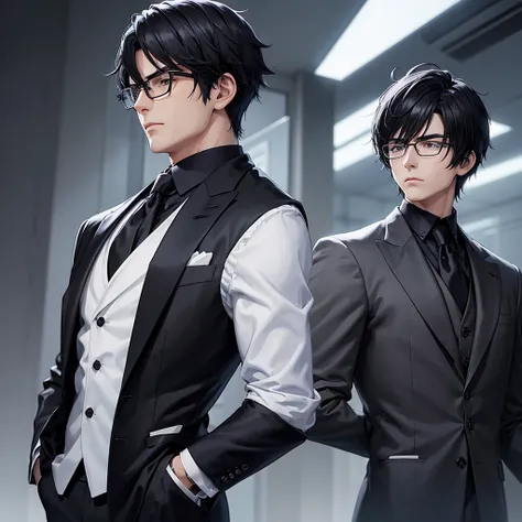 Create an anime-style character with neatly styled, dark black hair and square black glasses. The character should be wearing a formal black premium suit with a white shirt and a black tie, holding the coat at the chest. His expression is serious and compo...