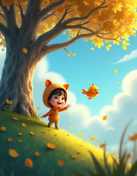 "Magical nature scene with a child and a flying creature: A child with a beaming expression and a playful animal-ear hat stands on a vibrant blue-green hill under a large tree with golden-yellow leaves. Leaves swirl in the air, as an orange, winged creatur...