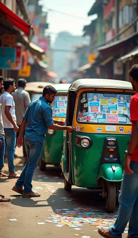 Create an image of a busy day where a group of people are removing election campaign stickers from several three-wheelers (tuk-tuks) parked along the street. The stickers are colorful and prominently displayed on the sides and windshields of the vehicles, ...