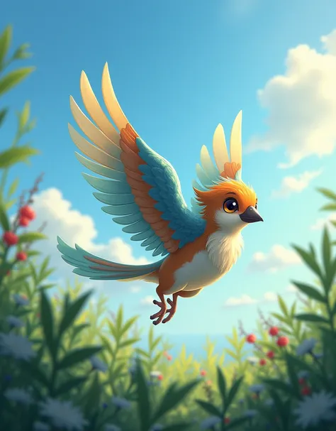 A bird in training to fly, (best quality, realistic), vibrant colors, detailed feathers, delicate wings, soft sunlight, nature-inspired art style, green foliage, blue sky, gentle breeze, focused determination. Full of yearning for blue sky and white clouds