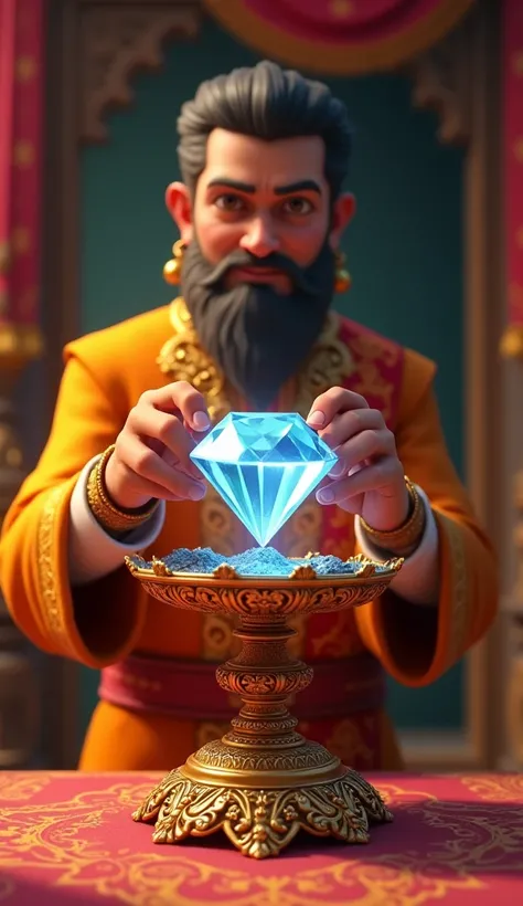 The indian merchant ties one diamond to his scale

(Image style 3D animation, vibrant, hyper realistic, 8k Ultra HD pixel style, Disney style, Cinema 4D)