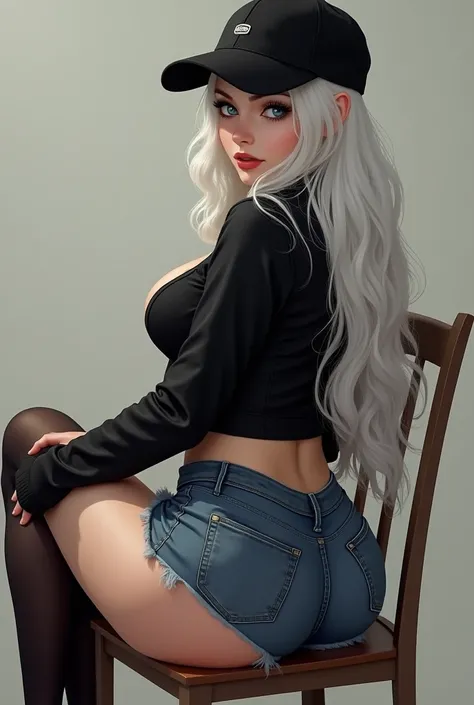 White hair , Girl , black cap , black jacket , black stockings , Denim shorts , showing the butt , sitting chair , long legs , big breasts.