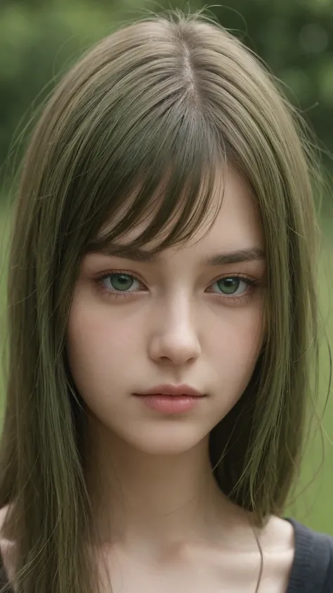 a girl. Europe. Extremely detailed face. Oval face. delicate facial features. half-closed eyes. long straight hair. messy hair. bangs. green hair. green eyes. expressionless face