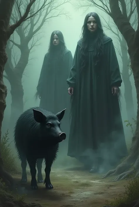 two large women are watching a black, winged pig against a mystical and eerie background