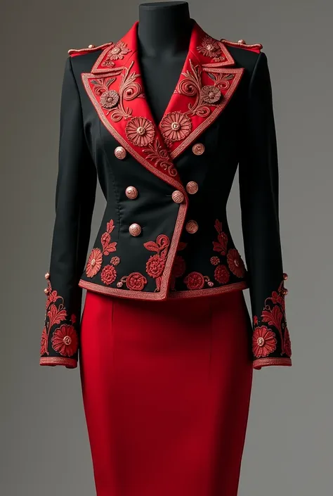 Generate me a design of a skirt suit and jacket for an elegant and modern woman ,with Mexican tints where red and black colors predominate, where elements such as charro suits stand out in full body.