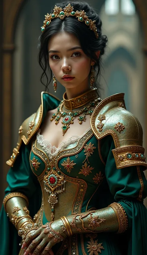 A beautiful french noblewoman in Orichalcum Victorian baroque plate armor. Embroidery, Lace, encrusted with rubies, emeralds, and other gems. She is facing viewer, her gaze is sharp and exudes powerful mystical aura. (full body shot:1.2), (cinematic photog...