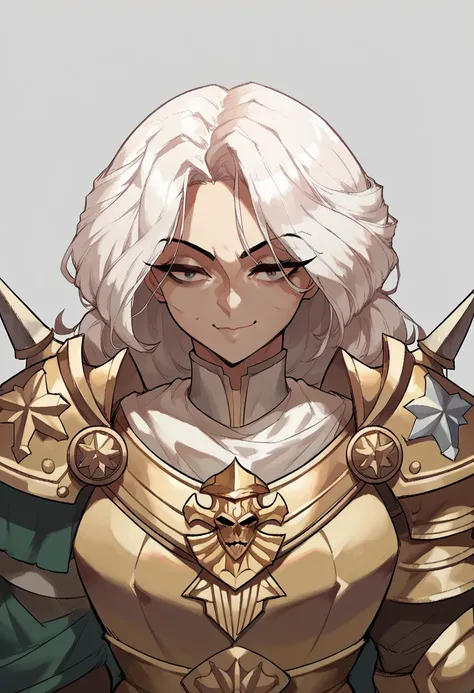 NSFW, a female crusader, white haired female, beautiful young face, amoured woman, MILF, gaudy armour, armour, inquistor, upper body portrait, closed mouth smile, front facing viewer, young, 