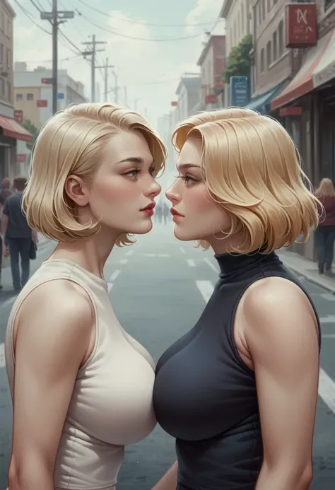  (photographic street) background, realism pushed to extreme, fine texture, side view, blonde bob cut, medium  eye level upwalking side by side holding hands with viewer