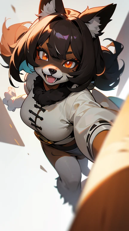 masterpiece,insanely detailed, absurdres, 16K, a girls, kemono, furry face,multicolored hair, dark skin,luminous eyes, with sparkling eyes,  narrow eyes,multicolored eyes, (dog_girl, anthro furry:1.1),(anthro_female_dog:1.1), fluffy fur, flat chest,white b...