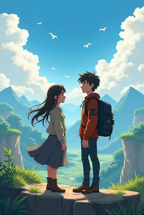 Reflective Moment: A close-up shot of Elara and Luka standing on the cliff, with Elara looking contemplative and Luka smiling supportively. This shot should capture their emotional reflection on their journey.cartoon