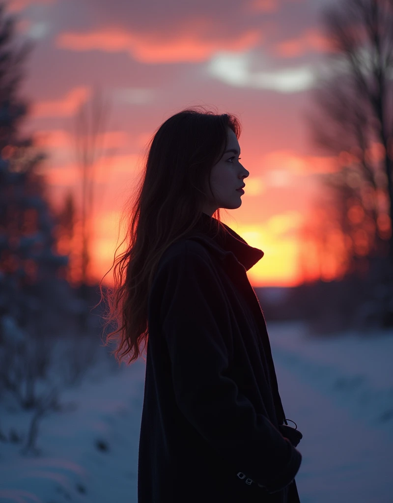 Silouhette dune adolescente sous la neige au coucher de soleil, photographie