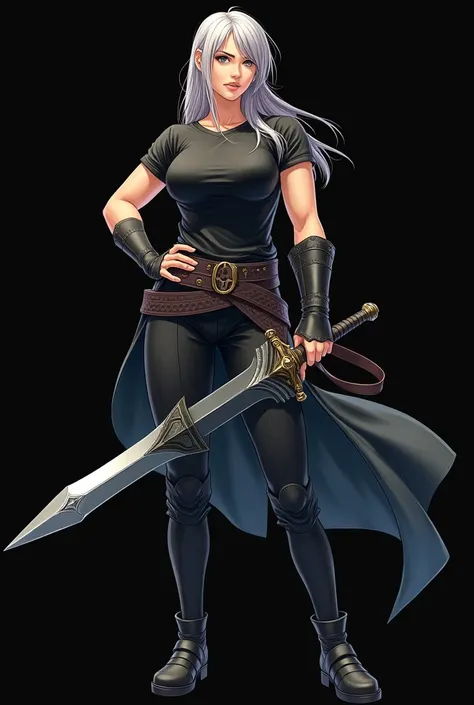 Milf, Medieval, black t-shirt, black pants, black shoes, holding a sword in his hand, anime style 