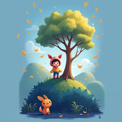 A smiling child dressed in a colorful outfit and animal-eared hat stands on a lush hill covered in dark green and blue foliage. Above them, a tall tree with golden leaves sways in the wind, while leaves fall all around. A tiny orange winged creature, resem...