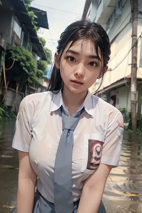 1 tall woman, alone at night, (undercut mullet hairstyle, black hair), scared face expression, plump body, blue eyes, Indonesian high-school uniform, (wearing transparent white tight shirt, short sleeves, light-grey tie,), osis logo on shirt pocket, perfec...