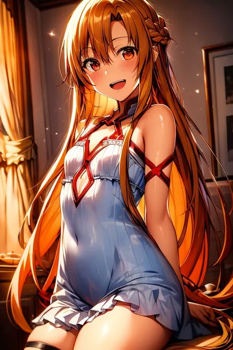 ((Highest quality)), ((masterpiece)), (be familiar with), Perfect Face, indoor, Bedroom, Watching the audience,
One woman, Yuuki Asuna,
Open Mouth, Ecstatic expression, blush, smile,
Small breasts, Flat Chest, , , child, Girl,
Long Hair, Long Hair,
Leg spr...