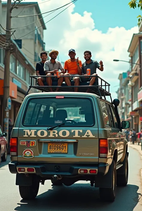 LANDCRUISER a name on it like MOROTA coming live in the middle of Port Moresby PNG city with some PNG men holding SP BEERS on the back of the LANDCRUISER high quality image 