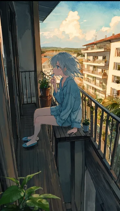 Emotional and sad style. The balcony of a five-story apartment building in the countryside. She is sitting on the balconys outdoor unit, smoking a cigarette. She is in a daze. She is wearing large pajamas. It is the end of summer. A cool breeze is blowing....