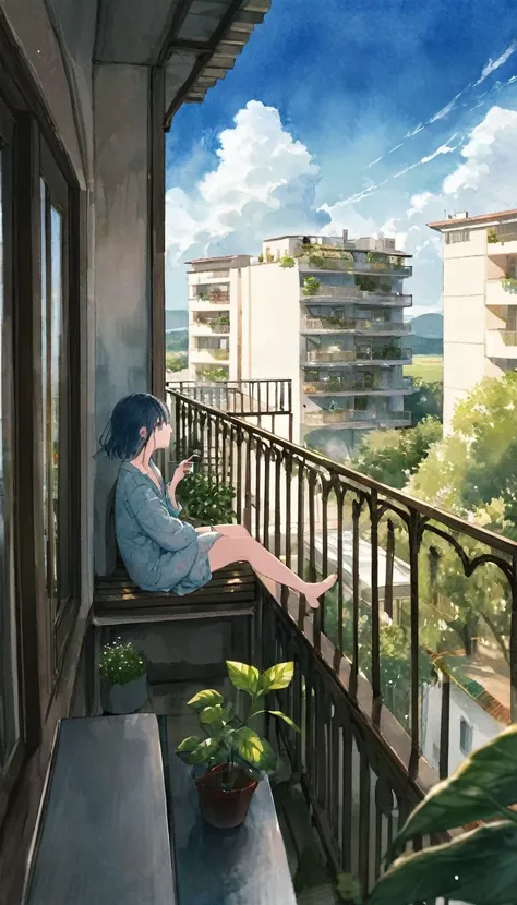 Emotional and sad style. The balcony of a five-story apartment building in the countryside. She is sitting on the balconys outdoor unit, smoking a cigarette. She is in a daze. She is wearing large pajamas. It is the end of summer. A cool breeze is blowing....