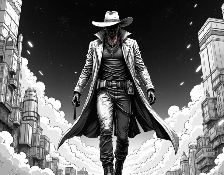 japanese comic cover 
black and white, 8K, a close-up of a cyber cowboy flying through space, cyberpunk art style, cyberpunk theme art, cyberpunk pikachu, cyberpunk anime art, cyberpunk style, digital cyberpunk anime art, detailed cyberpunk illustration, w...