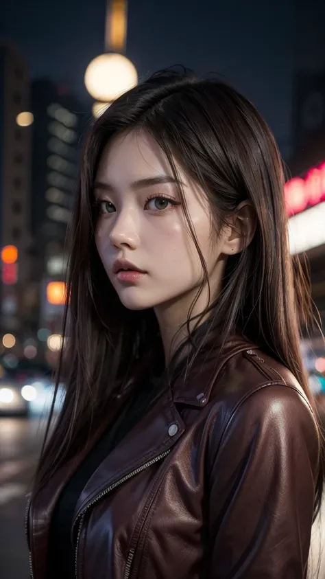 best quality, Practical, Front view, KristannaTX On the city streets, at night, dark, (Korean female supermodel), (Burgundy leather jacket:1.0), cleveage, Large Breasts, Serious face, (Long hair), (dark hair) (Straight Hair:1.1), Perfect face, Perfect eyes...