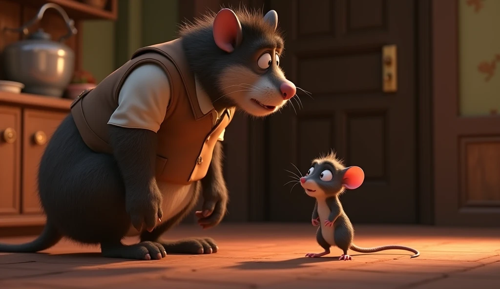 3D animation style"Remy timidly explaining himself to Bruno, with his ears drooping in apology, while Bruno sighs and looks less angry, revealing a hint of loneliness.



