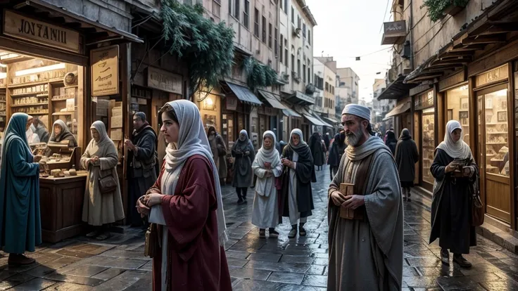 The crowded streets of Bethlehem with people bustling about, as Mary and Joseph search for a place to stay. in the style of art station trend, cinematographic, realistic.