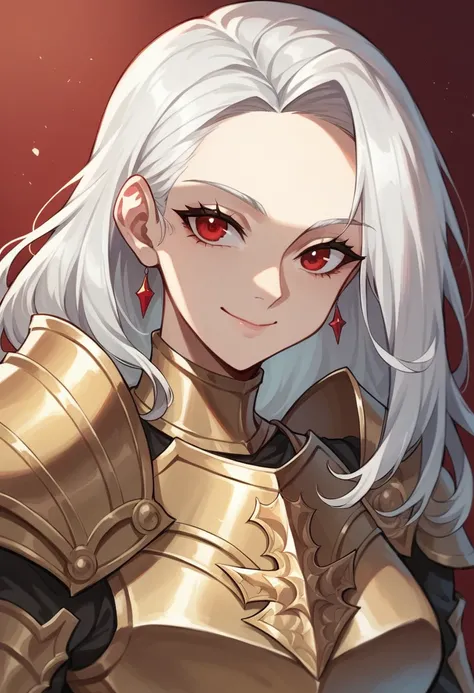 NSFW, a female crusader, white haired female, beautiful young face, amoured woman, MILF, gaudy armour, armour, inquistor, upper body portrait, closed mouth smile, young, red eyes