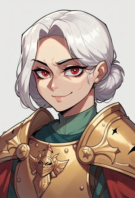 NSFW, a female crusader, white haired female, beautiful young face, amoured woman, MILF, gaudy armour, armour, inquistor, upper body portrait, closed mouth smile, young, red eyes