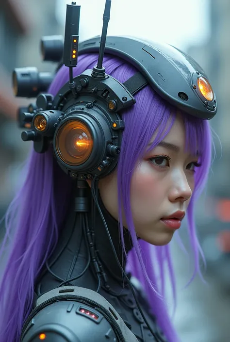 This image depicts an advanced fusion between the human and the technological in a futuristic setting. The young Korean woman in the center of the image has a mostly human appearance, with delicate facial features and long, neon purple hair. However, her h...