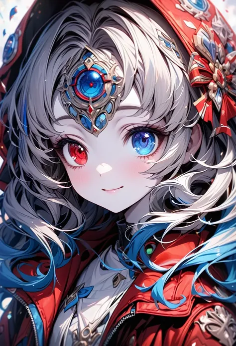 girl,alone, heterochromia iridis,red and blue eyes,long curly hair,two bangs,pale skin, looking at the audience,mouth closed, a ...