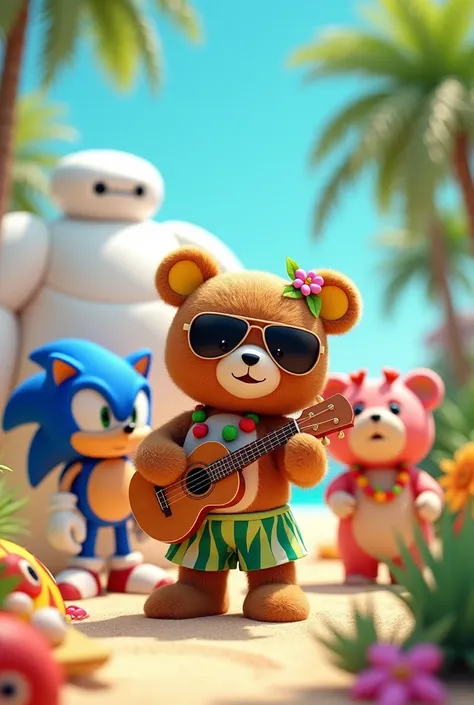 (photorealism:1.2), rilakkuma on vacation outfit hawaian them using sunglas and bringing ukulele, playing along with sonic the hedgehog that wearing beach short pants laughing happily while baymax wearing comoleye battle suit, and marsupilami a 
(Cartoon c...