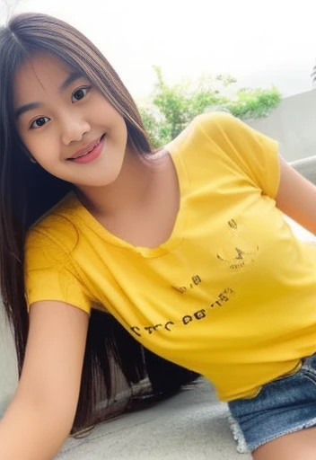 Cute Girl, fifteen years old, nice body, cute indonesian face, brown skin, innocent, happy, sharp eyes focus, sexy pose,  full body, yellow T-shirt, show off  nipples out