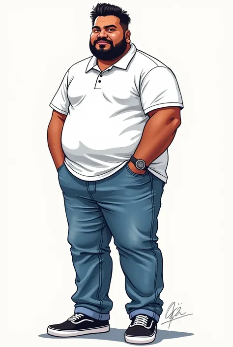 generate digital drawing line art style with vibrant colors of man short legs face well drawn more or less large body wearing white polo shirt, long jeans that cover the sneakers and are cuffless, wearing black sneakers. neutral background