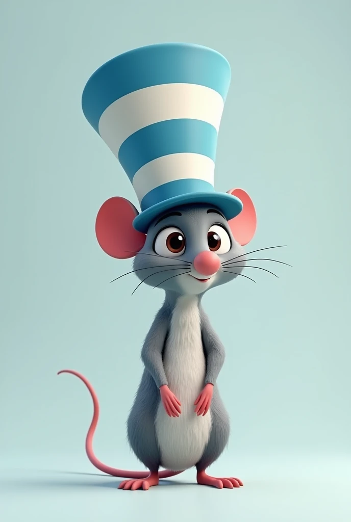 cartoon human sized grey rat with a straight rectangular tall striped blue and white hat