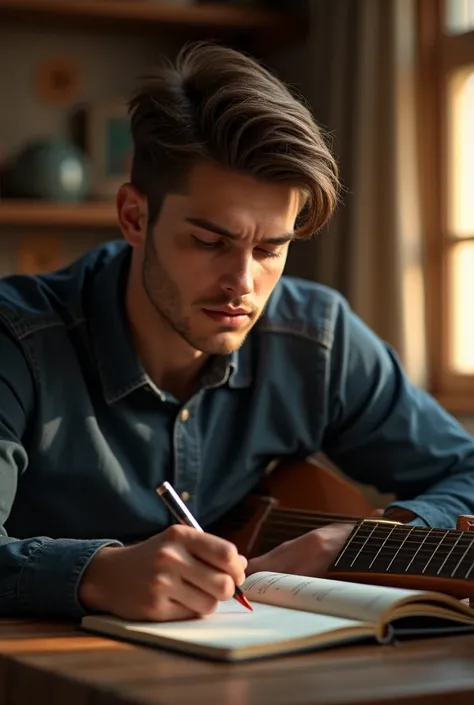 An attractive college aged man with short brown hair, looking through a black journal while holding a guitar. 