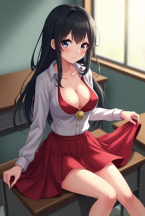 Schoolgirl Sits on a desk Lifted her skirt, spread her legs and shows her red panties She has long black hair White eyes Blouse is unbuttoned and a red bra is visible