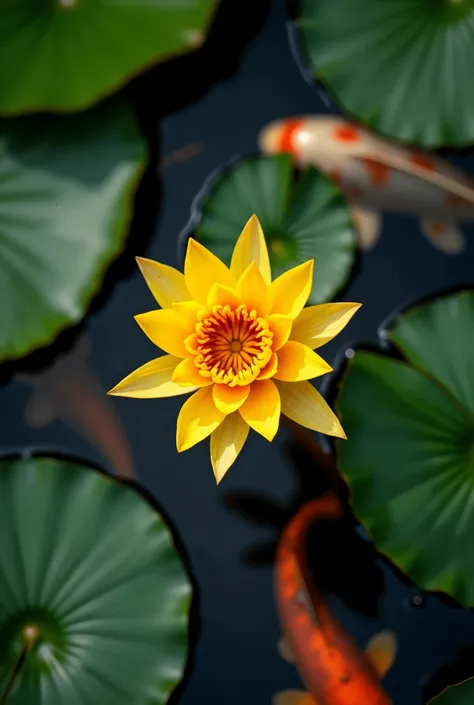 Photograph is image of a bird view of pond with opened lily in yellow.There are 2 koi fishes moving between the leaves but seen from above.


