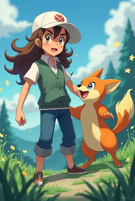 A pokemon trainer with long wavy brown hair with a white hat and Pokémon trainer clothes and with a buizel