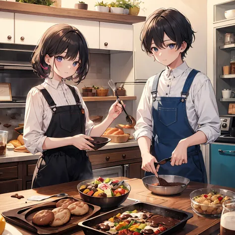 (Highest quality), (masterpiece), 1080P, High resolution, 4K, 8k, Group of 2, 1 boy, 1 girl, chocolate, Overalls, cooking, Baking, colorful